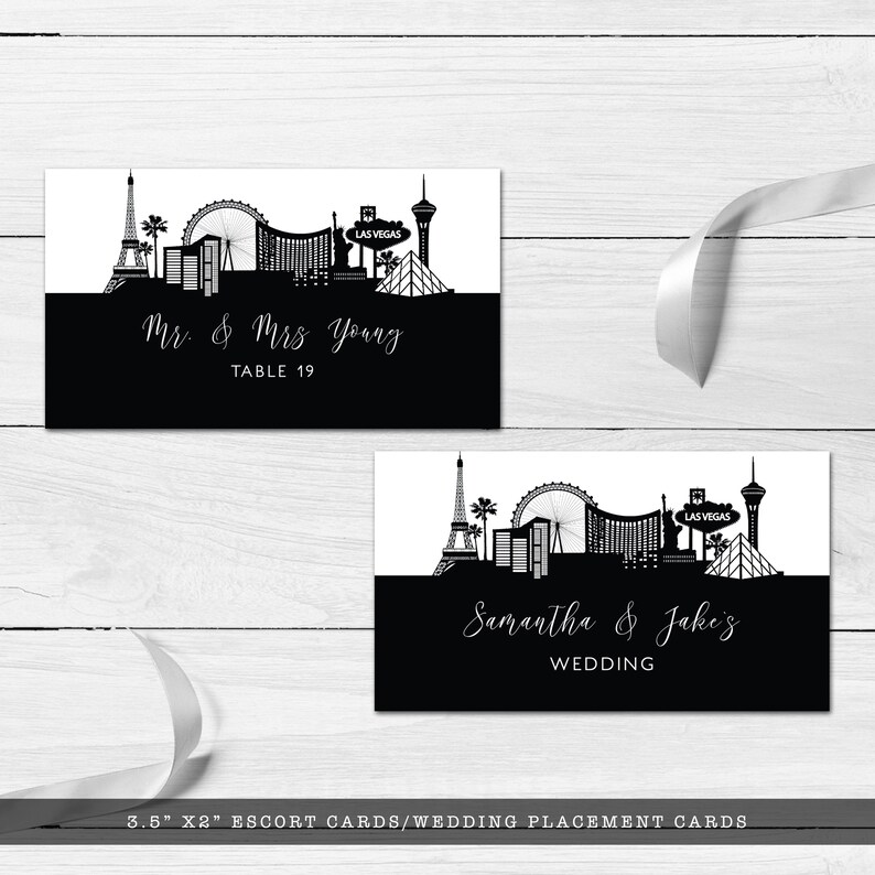 Vegas Baby! This black-and-white escort card is created with a silhouette of the Las Vegas Skyline. Perfect for your Vegas vacation. Designed By MetroEvents.