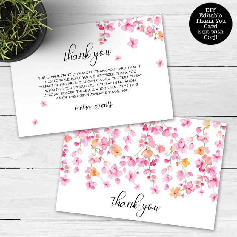 Cherry Blossom Thank you Card Printable Thank You Card Thank You Note Pink Floral Thank You Cards Custom Thank You Cards Editable Card