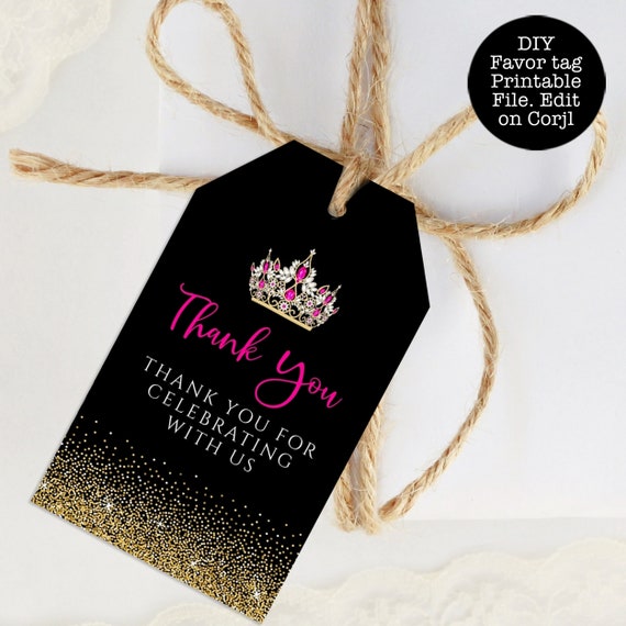 Hot Pink and Gold Glitter Gift Tags, Favor Tag, Gift Tag Template, Editable Favor Tags, Corjl Template, Gold Glitter Favor Tags, Hang Tags Il_570xn