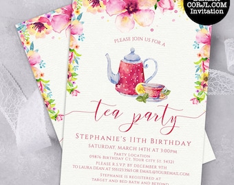 Faire-part d'anniversaire floral Tea Party : théière aquarelle (modèle Corjl)