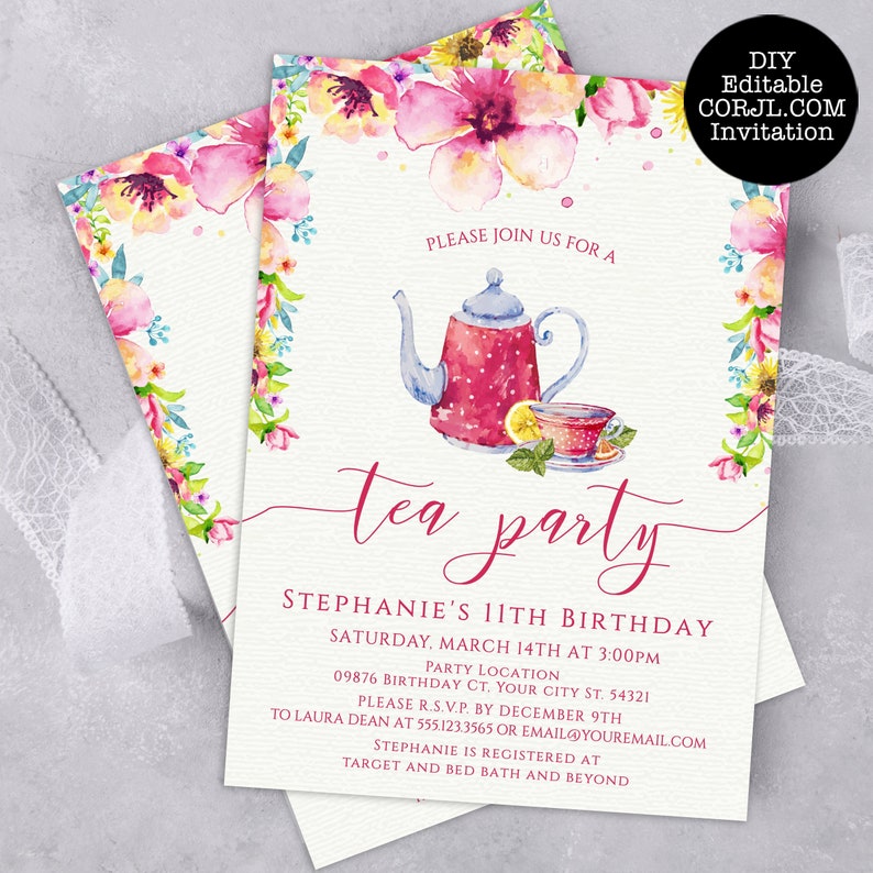 Floral Tea Party Invitations. Designed with a pink floral teacup and teapot with floral accents on a lightly textured background. Designed By MetroEvents