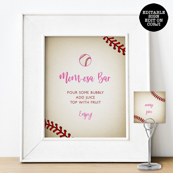 Momosa Bar Sign, Pink Baseball Themed, Corjl Template, Printable Mimosa, Editable Signs, Instant Download, Printable Sign, Shower Mimosa Bar Il_570xn