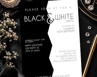 Elegant Black and White Birthday Invitation, Modern Adult Party Invite, Chic Editable Event Template, Instant Download