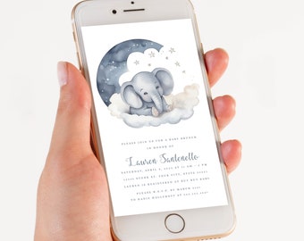 Baby Elephant Baby Shower Evite: Night Sky Design (Corjl Template)