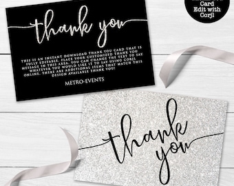Black and Silver Glitter Thank You Cards, Glitter Thank You Notes, Printable Thank You Card, Custom Thank You Card, Corjl Template, Download