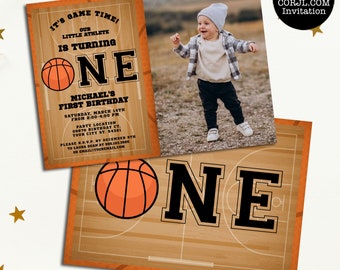 Basketball First Photo Invitation, Sports Birthday Invite, Boys Party Invitations, Basketball Themed, Printable Invitations, 1st Birthday