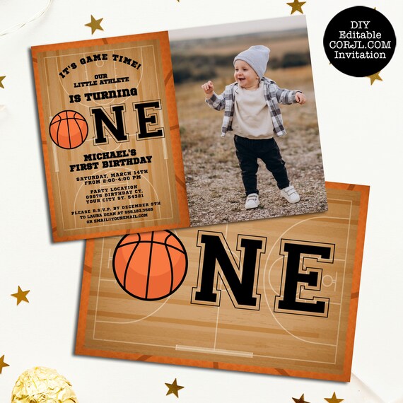 Basketball First Photo Invitation, Sports Birthday Invite, Boys Party Invitations, Basketball Themed, Printable Invitations, 1st Birthday Il_570xn
