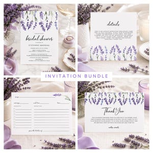 Op de afbeelding: Een set uitnodigingskaarten voor een bruidsfeest met aquarel lavendeltakjes. De set bevat een uitnodiging, een detailkaart, een receptenkaart en een bedankkaart, allemaal met een witte achtergrond, zwarte tekst en paarse bloemillustraties.