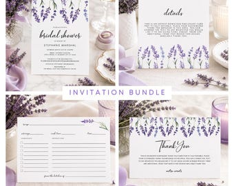 May include: A bridal shower invitation bundle featuring watercolour lavender sprigs. The set includes an invitation, a details card, a recipe card, and a thank you card, all with white backgrounds, black text, and purple floral illustrations.