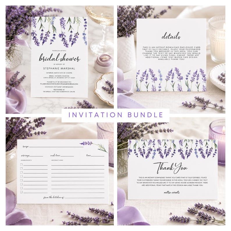 May include: A bridal shower invitation bundle featuring watercolor lavender sprigs. The set includes an invitation, a details card, a recipe card, and a thank you card, all with white backgrounds, black text, and purple floral illustrations.