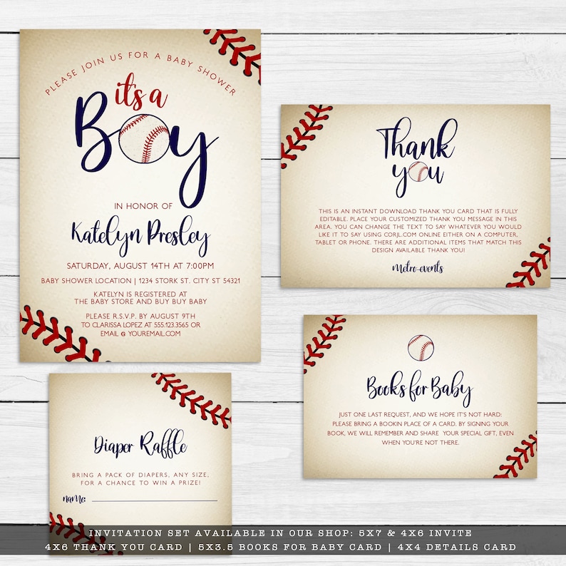 Vintage Baseball Baby Shower invitation kit. Created with a vintage texture background accented with baseball laces. Designed by MetroEvents.