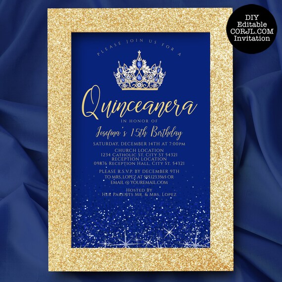 Gold and Blue Glitter Quinceanera Invitations, Blue Quinceañera Invitations, Quinceañera Crown Invitations, Printable Quince Invitations Il_570xn