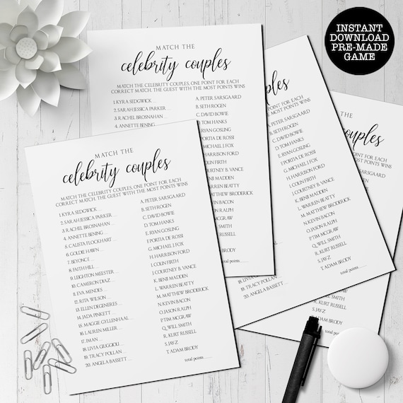 Couple Matching Game, Black and White Bridal Shower Game, Celebrity