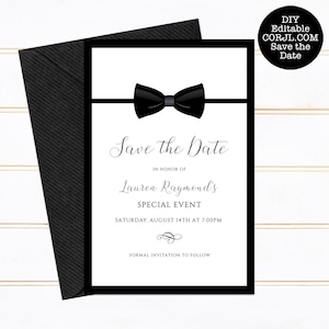 Bewerkbare Save the Date Card, Black Tie Save the Date, Gala-evenementsjabloon, Save the Date, Zwart-wit Save the Date Card, Corjl-sjabloon