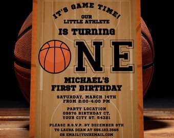 Basketball First Birthday Invitation, Sports Birthday Invite, Boys Party Invitations, Basketball Theme, Corjl Template, 1st Birthday