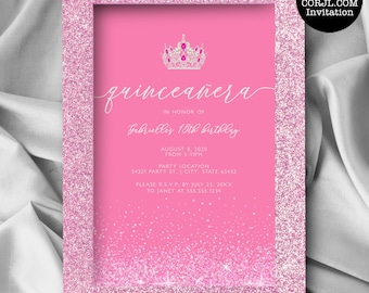 Pink and Silver Glitter Quinceanera Invitations, Quinceañera Invitations, Quinceañera Crown Invitations, Printable Quince Invitations, Corjl