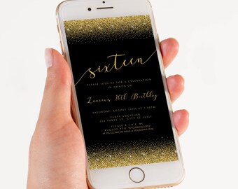Editable Black and Gold Sweet Sixteen Party Evite Text Invitation Electronic Invite Smartphone Invitation Corjl Template Sweet 16 Party