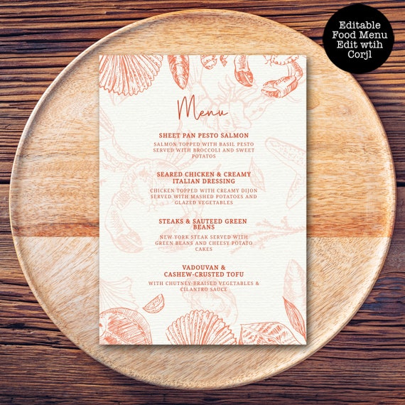 Editable Food Menu, Seafood Party Menu, Beach Party Food Menu, Dinner Menu, Editable Menu, Instant Download, Printable Menu, Corjl Template Il_570xn