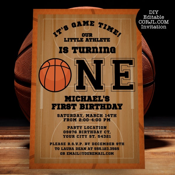 Basketball First Birthday Invitation, Sports Birthday Invite, Boys Party Invitations, Basketball Theme, Printable Invitations, 1st Birthday
