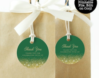 Editable Green and Gold Favor Tag, Round Gift Tags, Gift Labels, Printable Favor Tag, Corjl Template, Gold Glitter Favor Tags