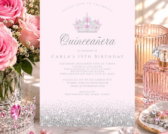 Pink Silver Sweet 16 Invitation Template, Editable Sweet Sixteen Invite, Pink Glitter Birthday Invitation, Printable Sweet 16