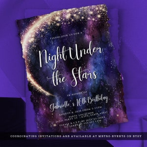 Night under the stars, galaxy-themed invitation. This design is created with a star-filled purple and blue starry sky background with a half-ring of shooting stars training through it. Designed by MetroEvents.