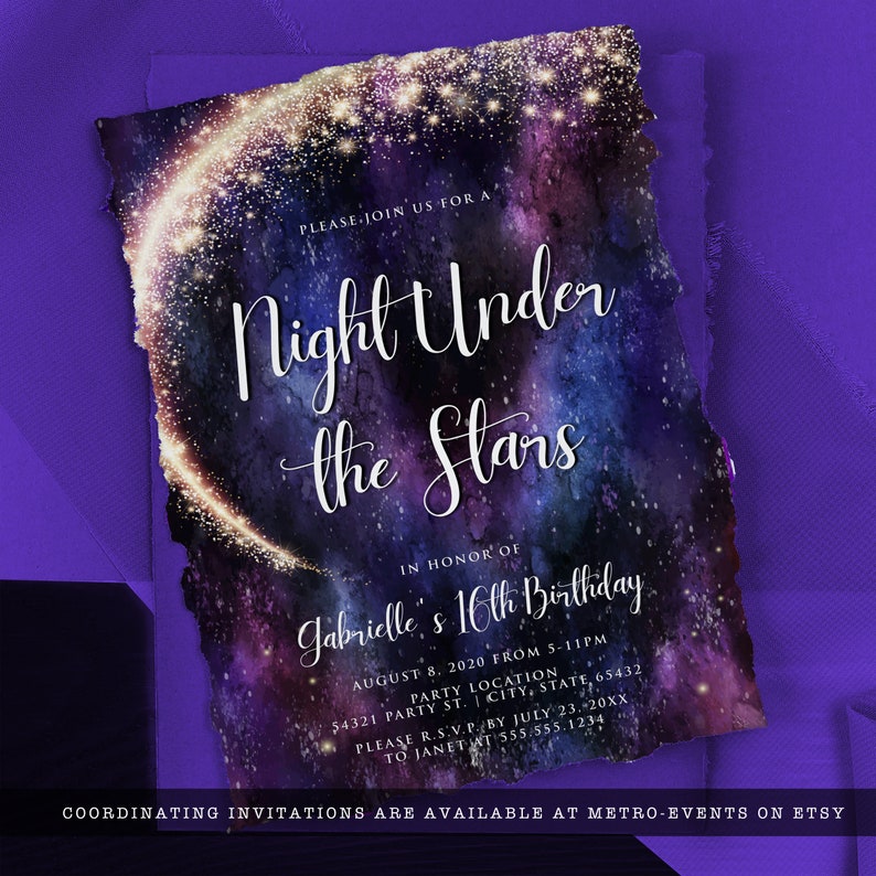 Night under the stars, galaxy-themed invitation. This design is created with a star-filled purple and blue starry sky background with a half-ring of shooting stars training through it. Designed by MetroEvents.
