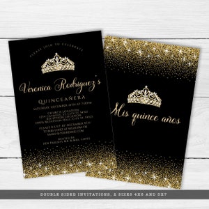 Gold and Black Glitter Quinceañera Invitations. Designed with sparkles, faux gold glitter, and a gold crown with diamond accents for a fabulous birthday. Designed By MetroEvents