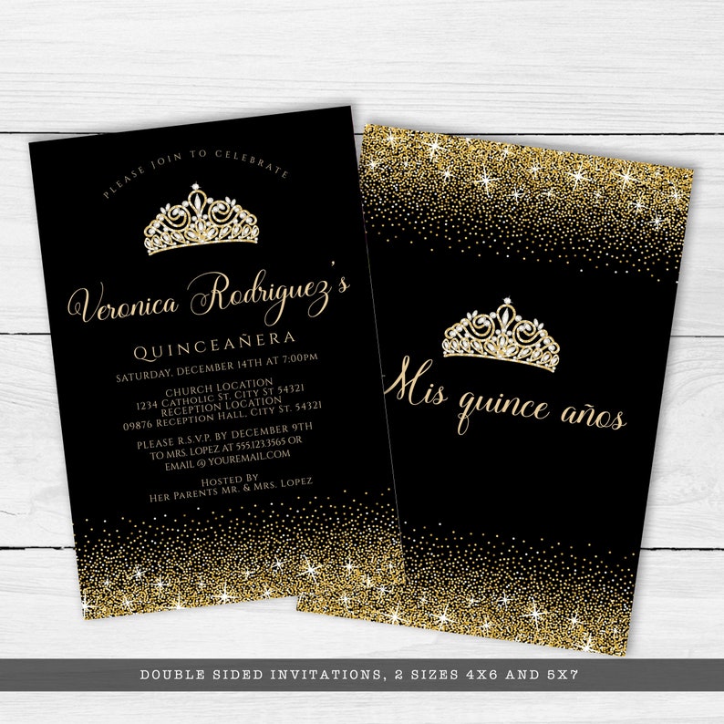 Gold and Black Glitter Quinceañera Invitations. Designed with sparkles, faux gold glitter, and a gold crown with diamond accents for a fabulous birthday. Designed By MetroEvents