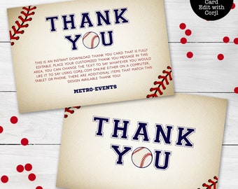 Baseball Thank You Cards, Sports Thank You Notes, Printable Thank You Card, Instant Download, Baseball Note Cards, Customized Thank You Card