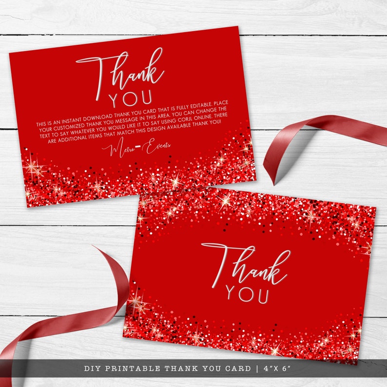 Sweet Sixteen Glam Party Thank You Card. A sparkling party collection featuring flowing typography on a red glittery background. Created By MetroEvents.