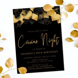 This fun and elegant adult party invitation are designed with a black background with hearts, spades, diamonds, and clubs upper frame. Designed By MetroEvents