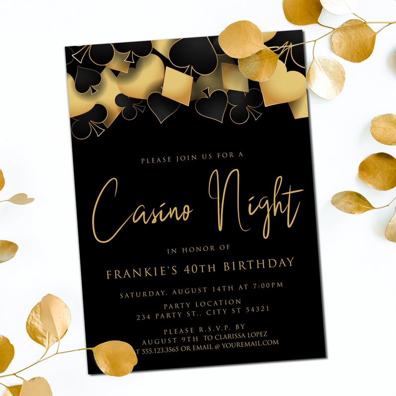 This fun and elegant adult party invitation are designed with a black background with hearts, spades, diamonds, and clubs upper frame. Designed By MetroEvents
