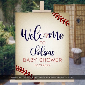 Vintage Baseball Baby Shower Welcome Sign. Created with a vintage texture background accented with baseball laces. Designed by MetroEvents.