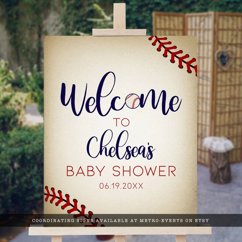 Vintage Baseball Baby Shower Welcome Sign. Created with a vintage texture background accented with baseball laces. Designed by MetroEvents.