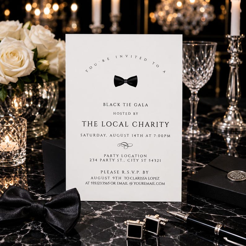 May include: A white rectangular invitation card with black text and a black bow tie graphic. The text reads: You're invited to a Black Tie Gala hosted by The Local Charity, Saturday, August 14th at 7:00pm, Party Location 234 Party St., City St 54321, Please R.S.V.P. by August 9th to Clarissa Lopez at 555.123.3565 or email @ youremail.com.