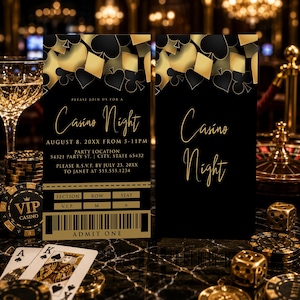 Gold Casino Ticket Invitation, Black and Gold Vegas Party Invite, Editable Las Vegas Birthday Ticket, Poker Invitation, Casino VIP Pass image 1