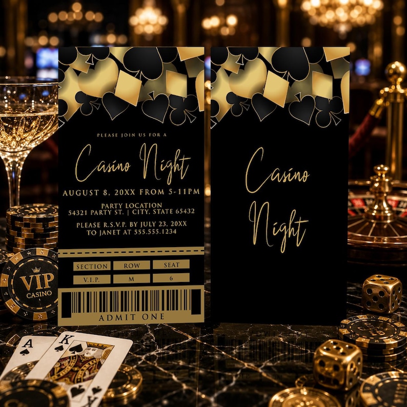 Gold Casino Ticket Invitation, Black and Gold Vegas Party Invite, Editable Las Vegas Birthday Ticket, Poker Invitation, Casino VIP Pass image 1