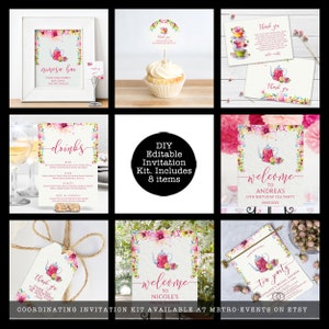 Floral Tea Party Invitation Bundle. Designed with a pink floral teacup and teapot with floral accents on a lightly textured background. Designed By MetroEvents