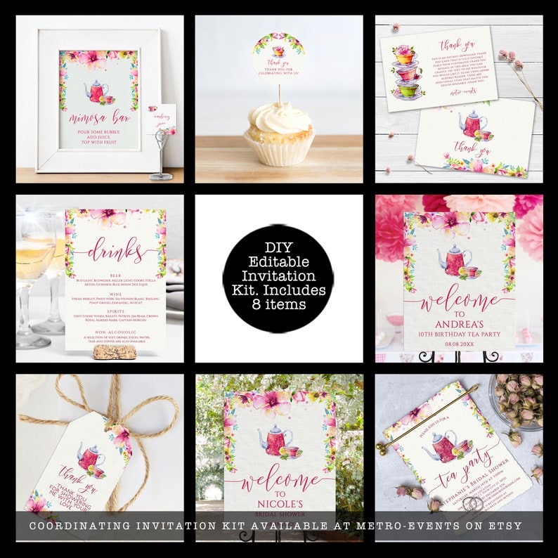Floral Tea Party Invitation Bundle. Designed with a pink floral teacup and teapot with floral accents on a lightly textured background. Designed By MetroEvents