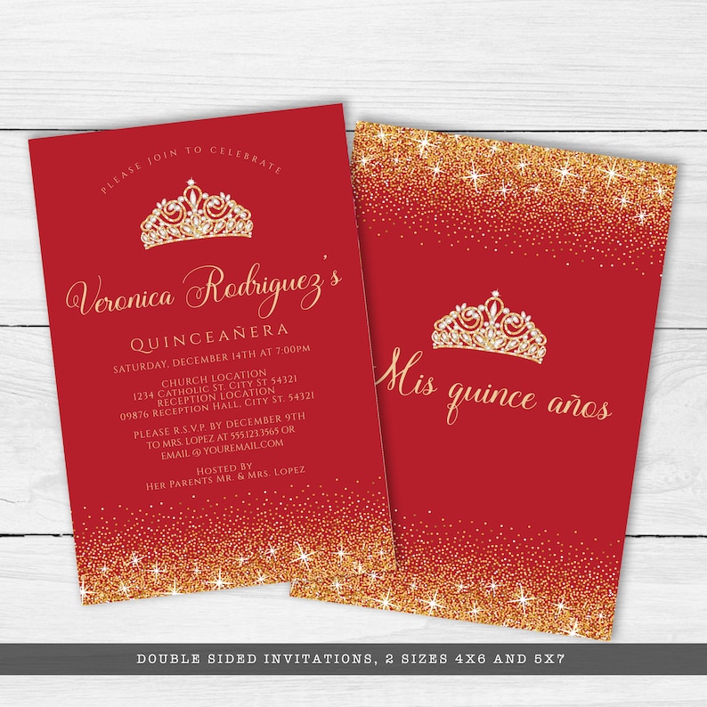 Red and Gold Glitter Quinceañera Invitations. Designed with sparkles, faux gold glitter, gold crown with diamond, and red background accents for a fabulous birthday. Designed By MetroEvents