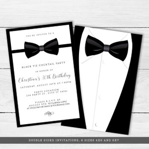 Editable black and white invitation great for galas, black tie weddings, charity auctions, corporate parties & more. Featuring a tuxedo bowtie and elegant, editable typography. Designed by MetroEvents.