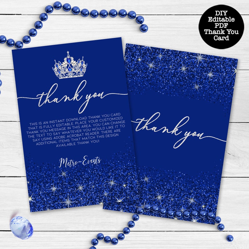 Royal Blue Thank You Cards Sparkle Thank You Notes Glitter Etsy