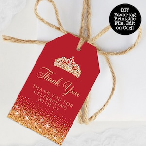 Red and Gold Glitter Favor Tags, Red Glitter Tags, Gold Glitter Favor Tag, Printable Thank You Tag, Bright Red Gift Tags, Corjl Template