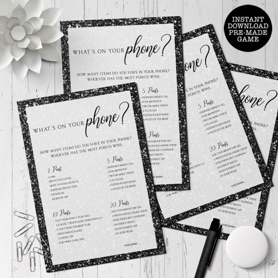 Black Glitter Bridal Shower Game, Glitter Games, Instant Download, Glam Shower Game, Printable Games, What's On Your Phone Game, Phone game Il_570xn