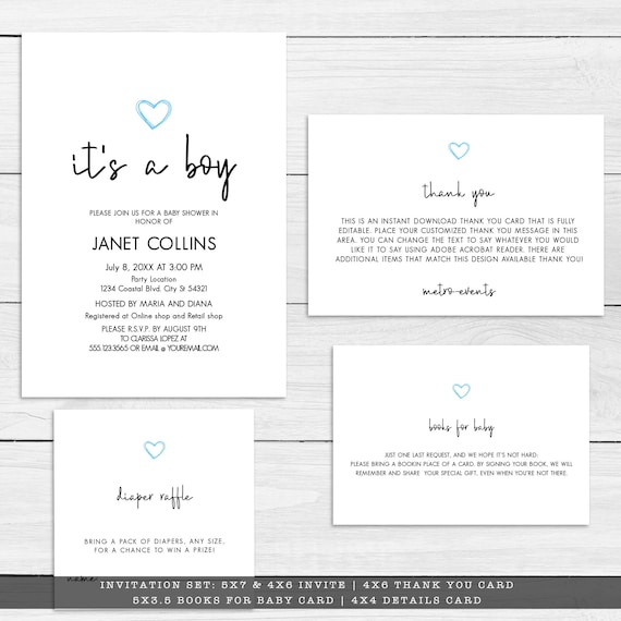 Contemporary Blue Baby Shower Invitation Template Set, Minimal Baby Shower Invite Kit, Black and White Baby Shower Invite Set Printable Card Il_570xn