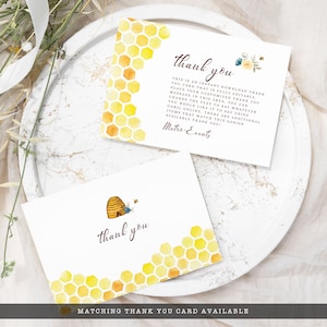 Bride-to-be Bridal Shower Bee-Themed Thank you card with Blue and White Flowers, Honeycomb, and Bees.