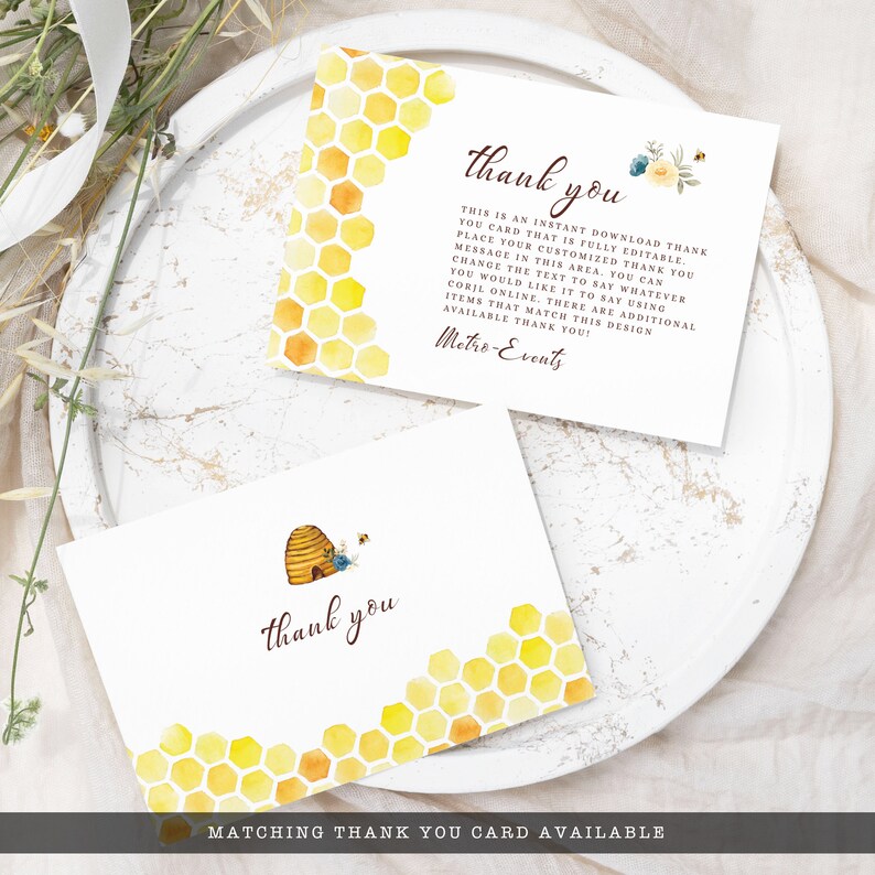 Bride-to-be Bridal Shower Bee-Themed Thank you card with Blue and White Flowers, Honeycomb, and Bees.