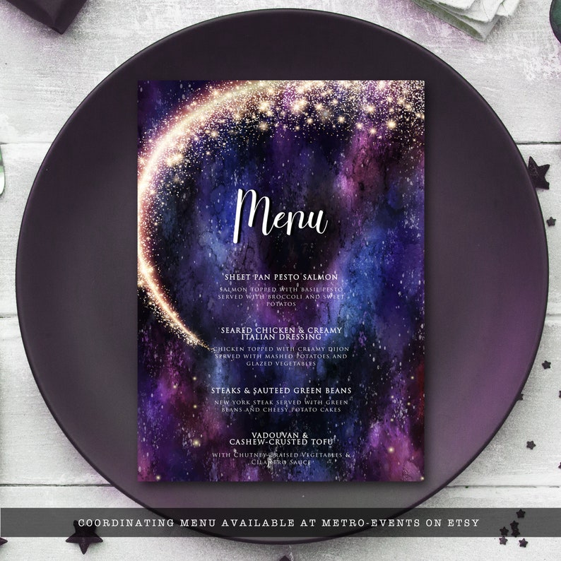 Night under the stars, galaxy-themed dinner menu. This design is created with a star-filled purple and blue starry sky background with a half-ring of shooting stars training through it. Designed by MetroEvents.