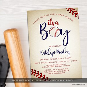 Vintage Baseball Baby Shower Invitations. Created with a vintage texture background accented with baseball laces. Designed by MetroEvents.